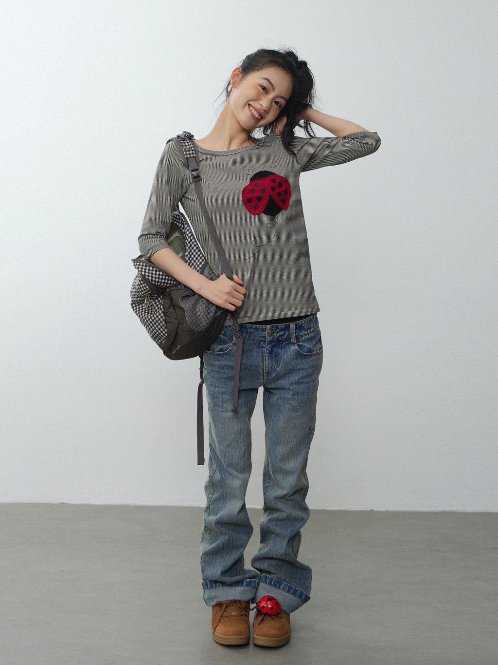 In Two Twos Ladybug Patch Embroidered Striped Tee
