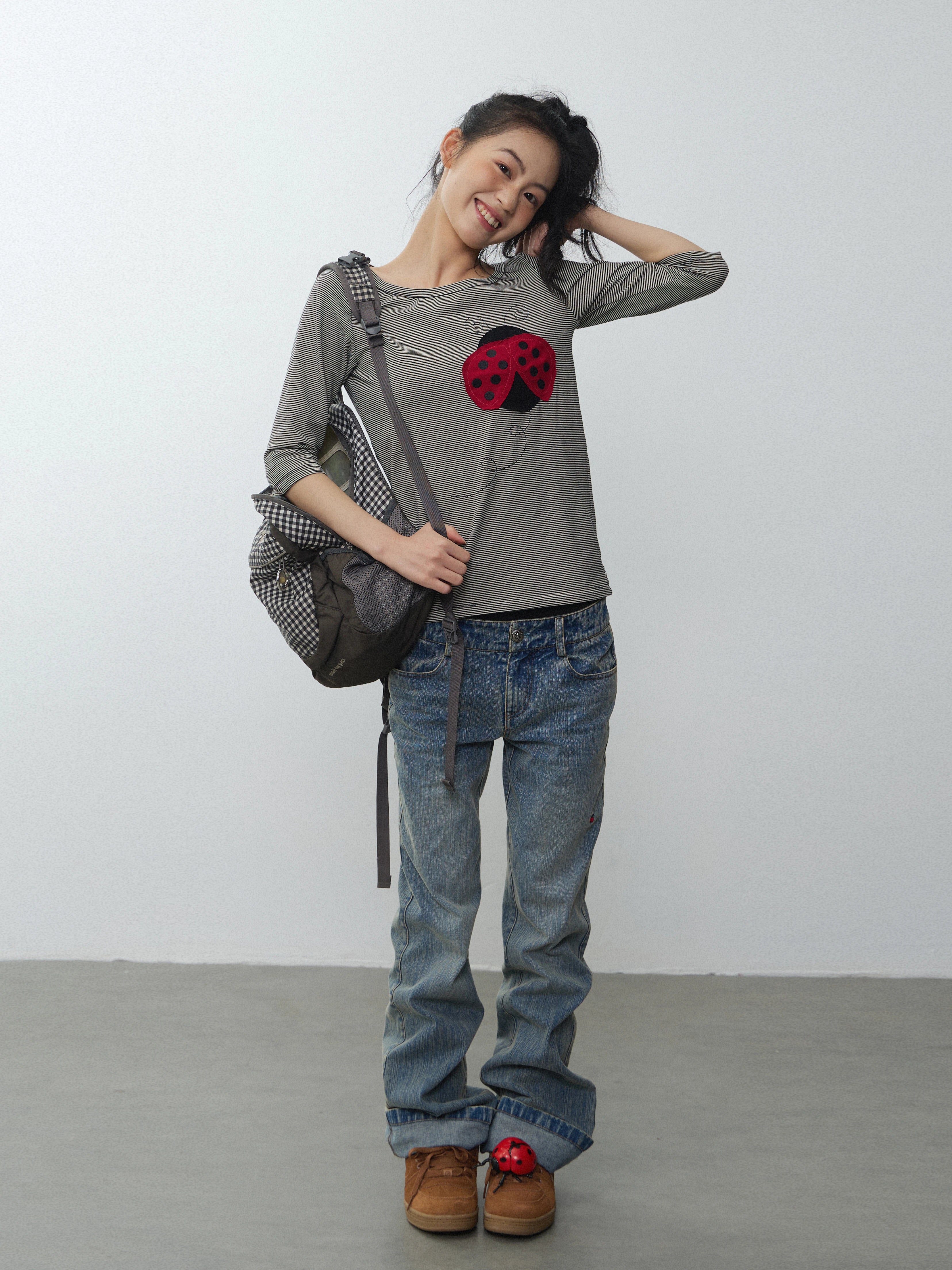 In Two Twos Ladybug Patch Embroidered Striped Tee