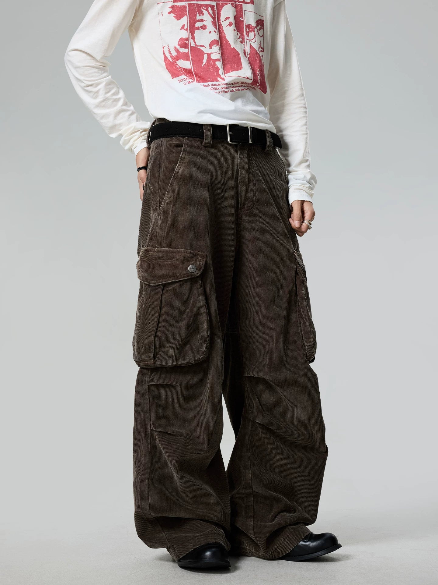 BTSG retro pleated pocket corduroy straight wide-leg pants