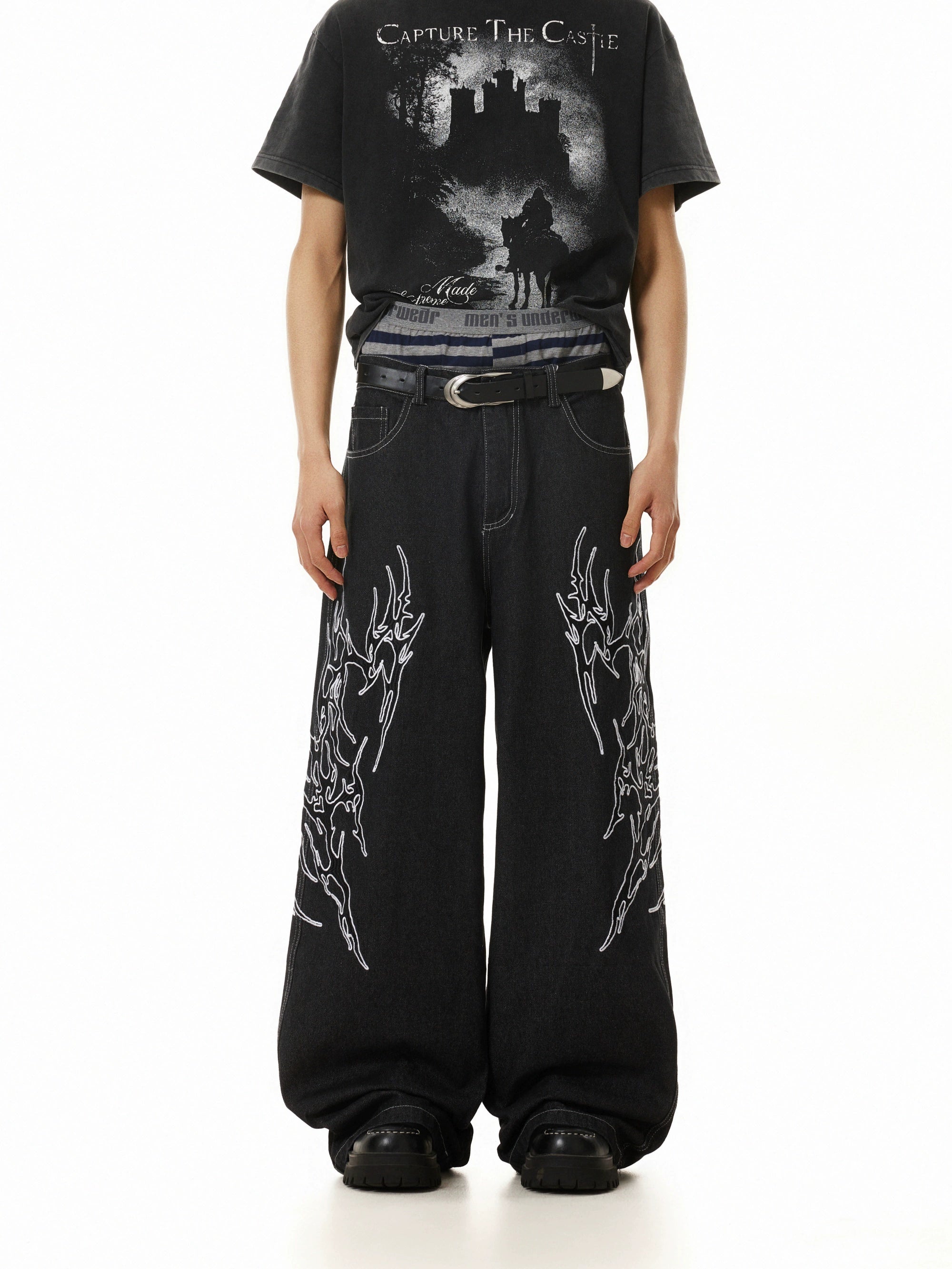 BTSG Totem-embroidered Wide-leg Jeans