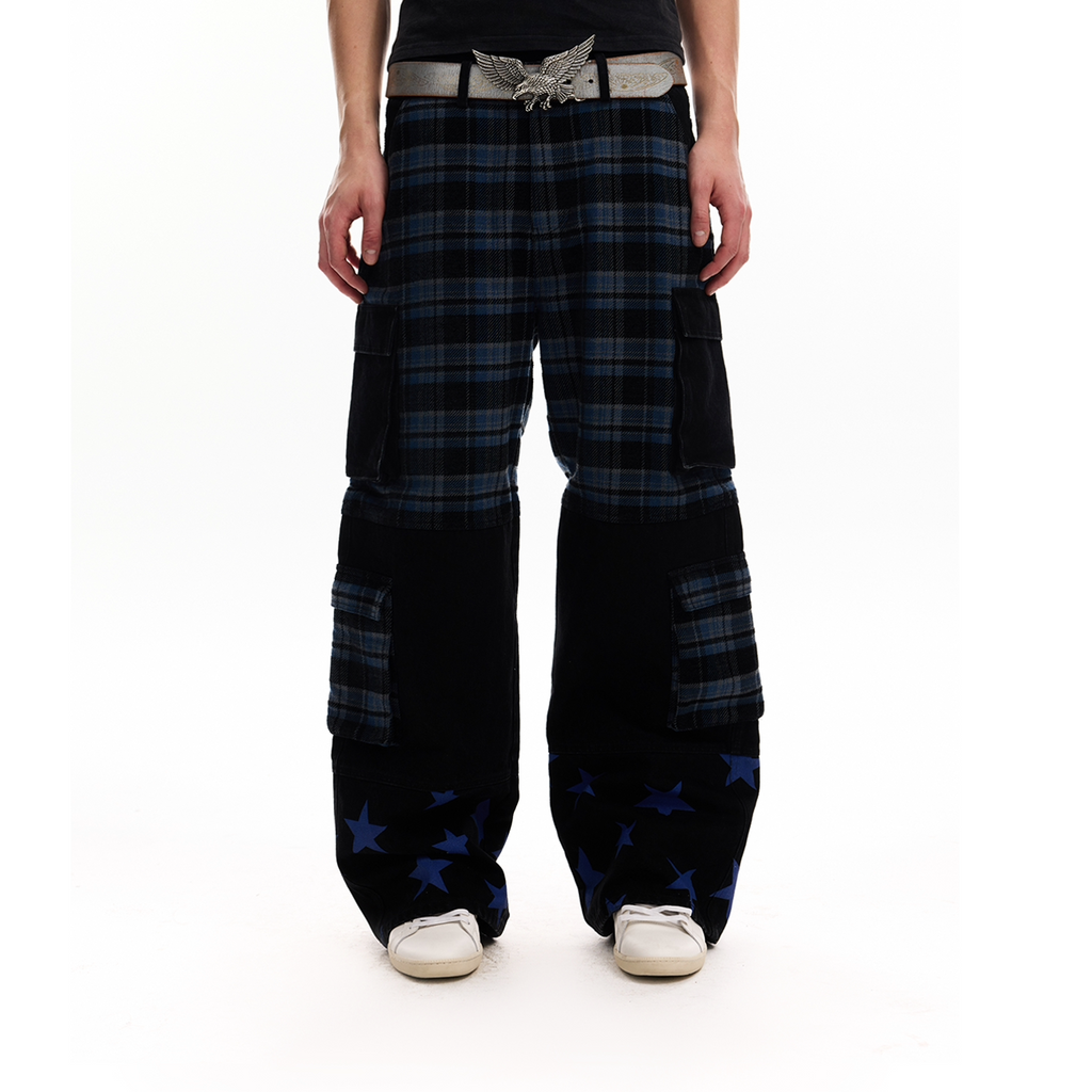 No E Mosen Plaid Multi-pocket Straight Jeans