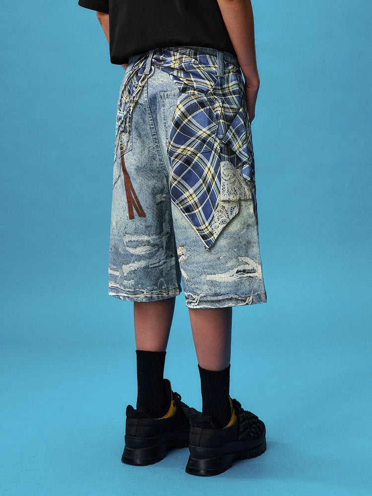 YADcrew Plaid Shirt Chain Print Denim Shorts