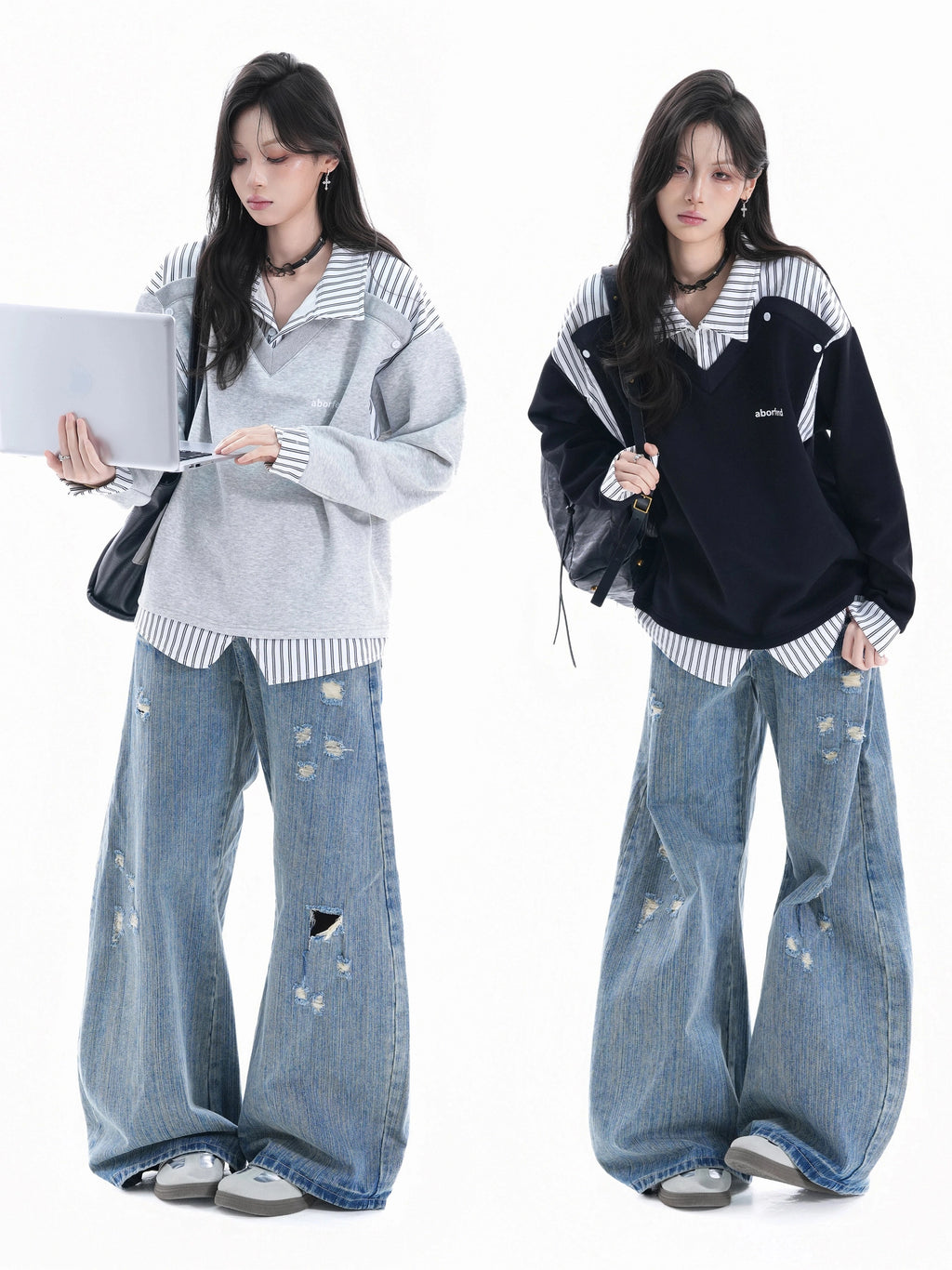 Zuocisankon College Style Fake Two-piece Splicing Sweater