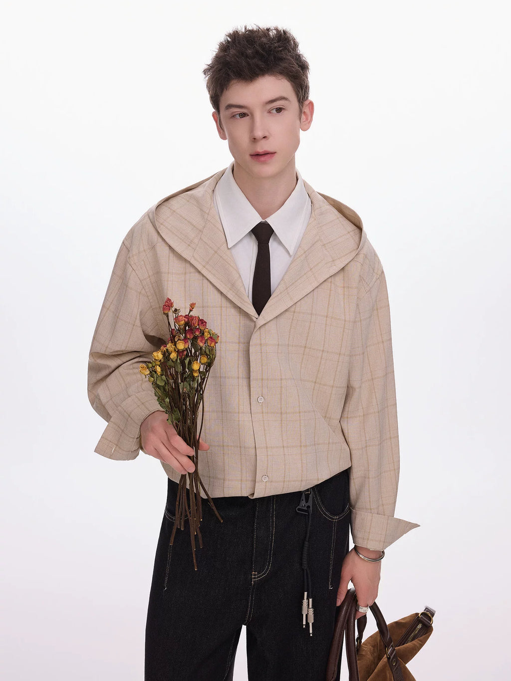 CHOR Double Neck Hooded Checked Fake Two-piece Long Sleeve Shirt