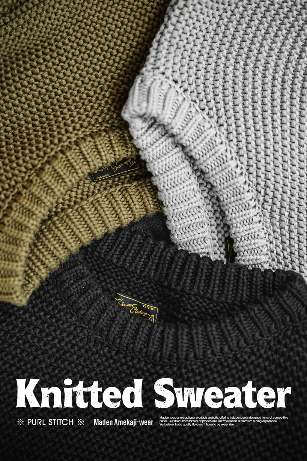 Madden Retro Heavy Textured Knitted  Loose Shoulder Crew Neck Sweater