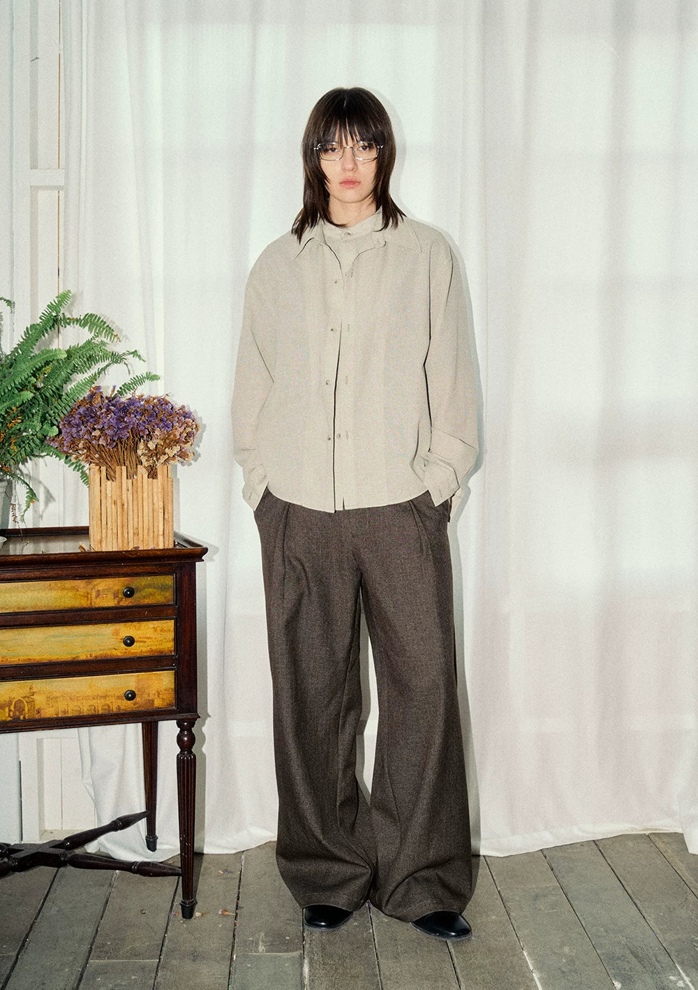 KREATE Wool Thousand Bird Grid Dark Pattern Pleated A-word Trousers