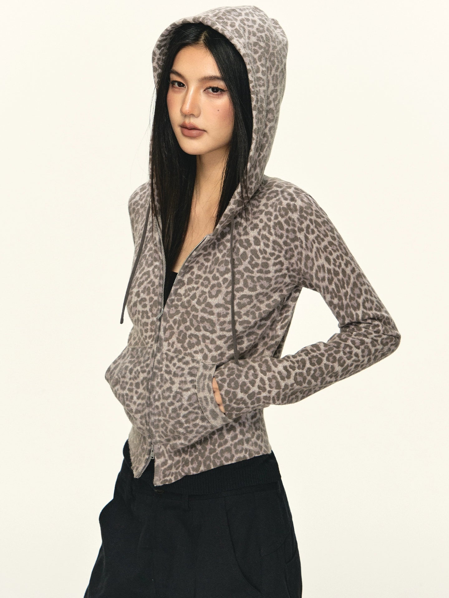 Anna Aneae Leopard Print Hooded Short Casual Slim Jacket