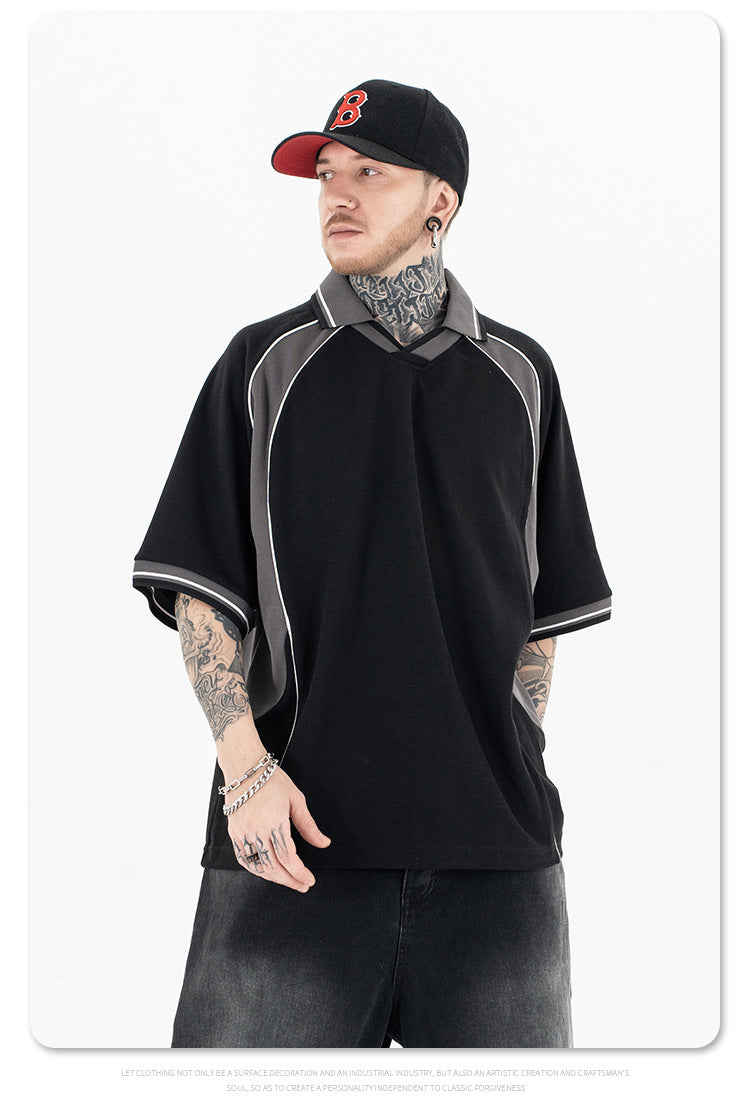 (Clearance) FORGIVNESS Lapel Contrasting Color Splicing Polo Shirt