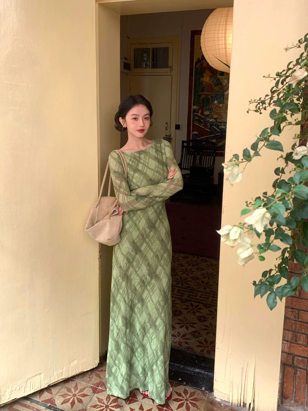 KELIFAN Plaid Print Long Dress