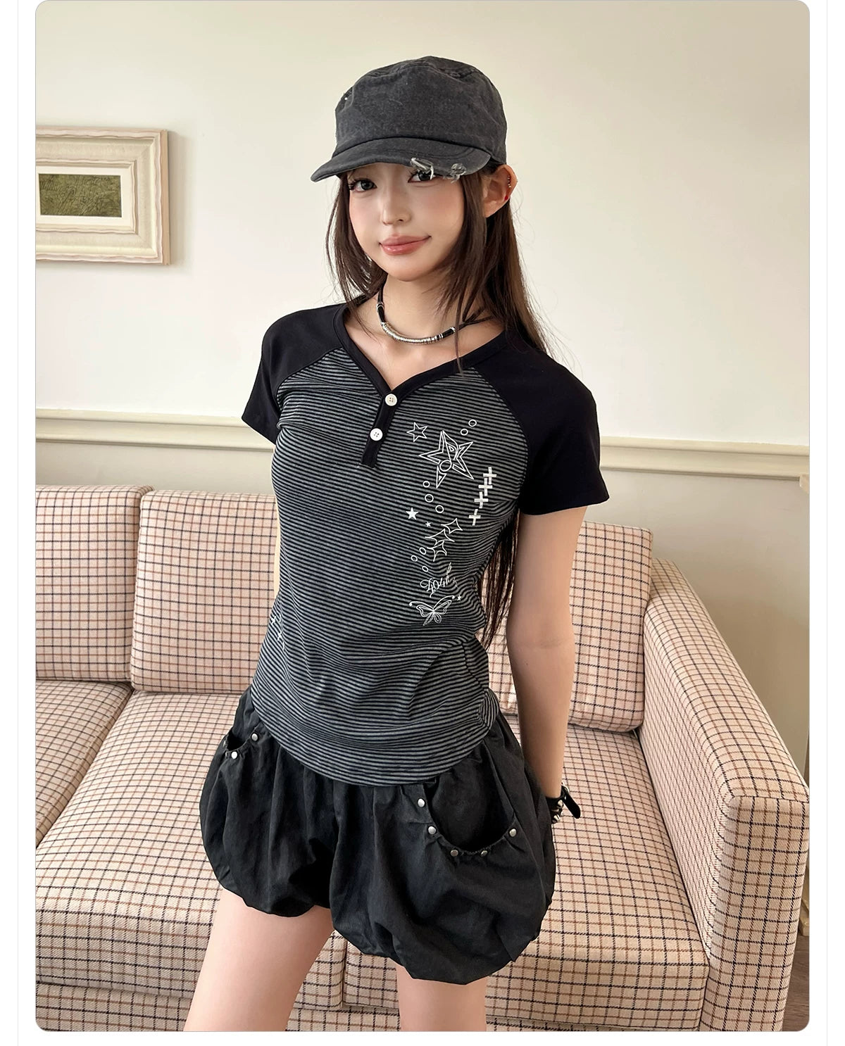 404MOB Henry Collar Color Matching Striped Tee