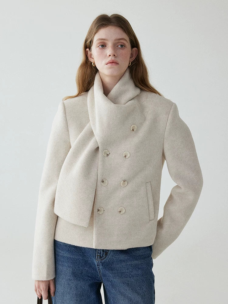 VOOE Scarf Collar Double-breasted Front-shoulder Woolen Jacket