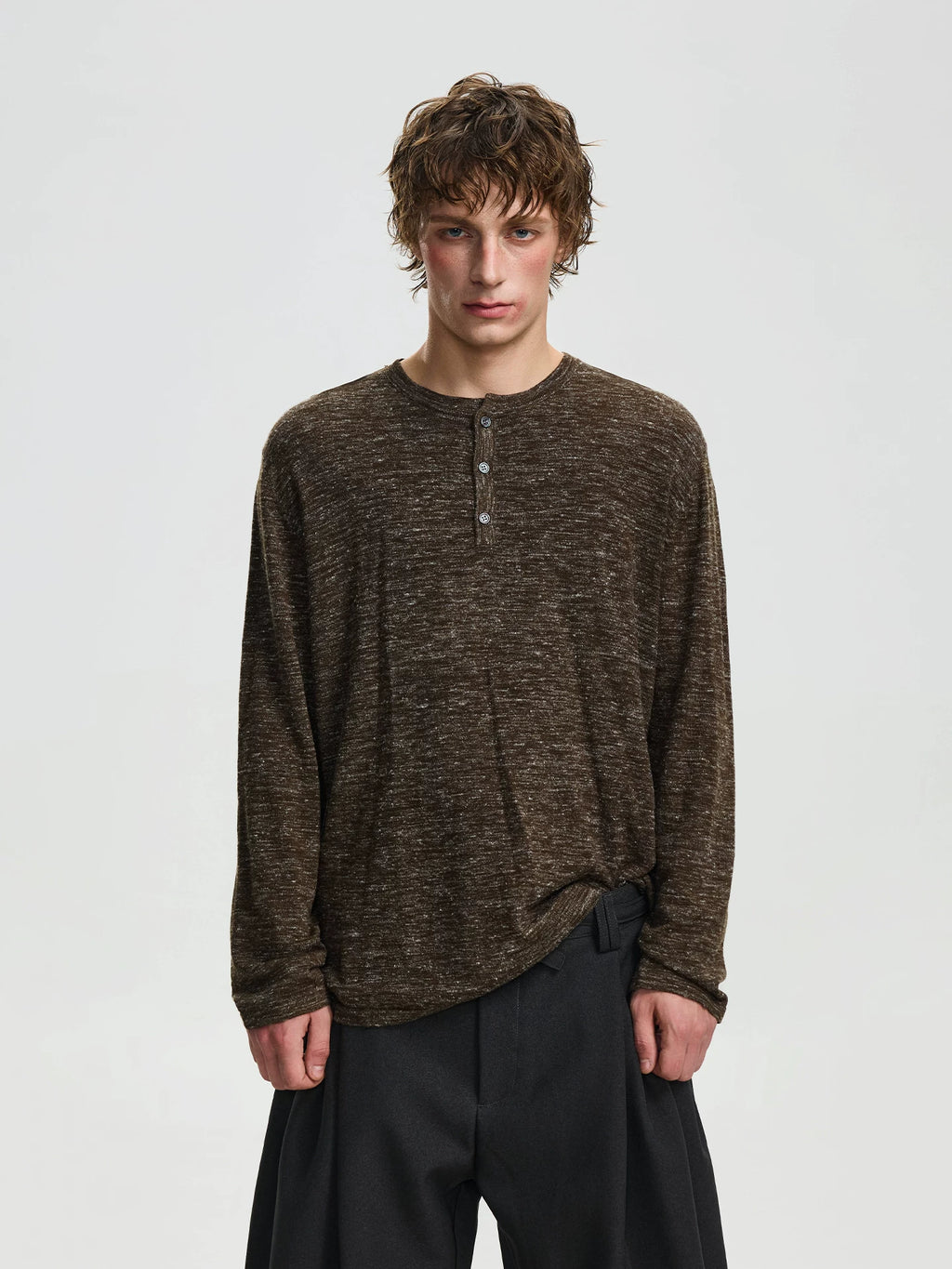 BTSG retro linen blend texture Henry neck knitted long sleeve sweater