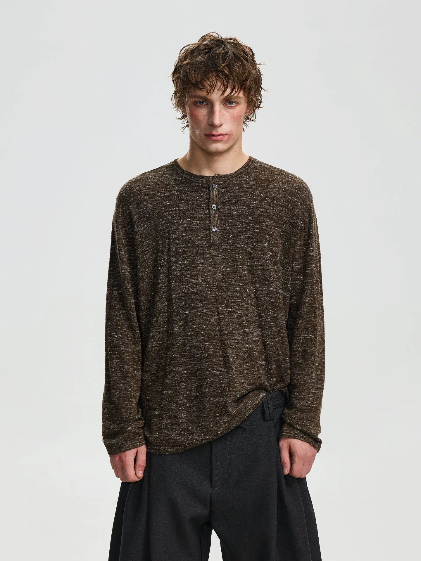 BTSG retro linen blend texture Henry neck knitted long sleeve sweater