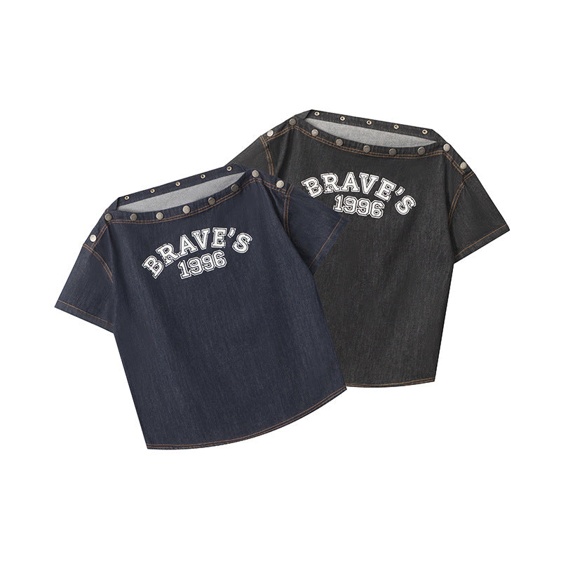 Nariele Print Loose One-letter Collar Sloping Shoulder Tee