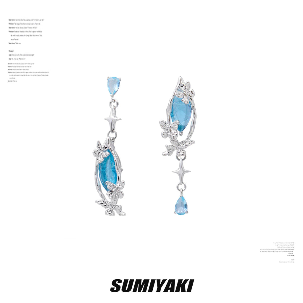 SUMIYAKI Ice Flower Zircon Water Drop Asymmetric Butterfly Earrings