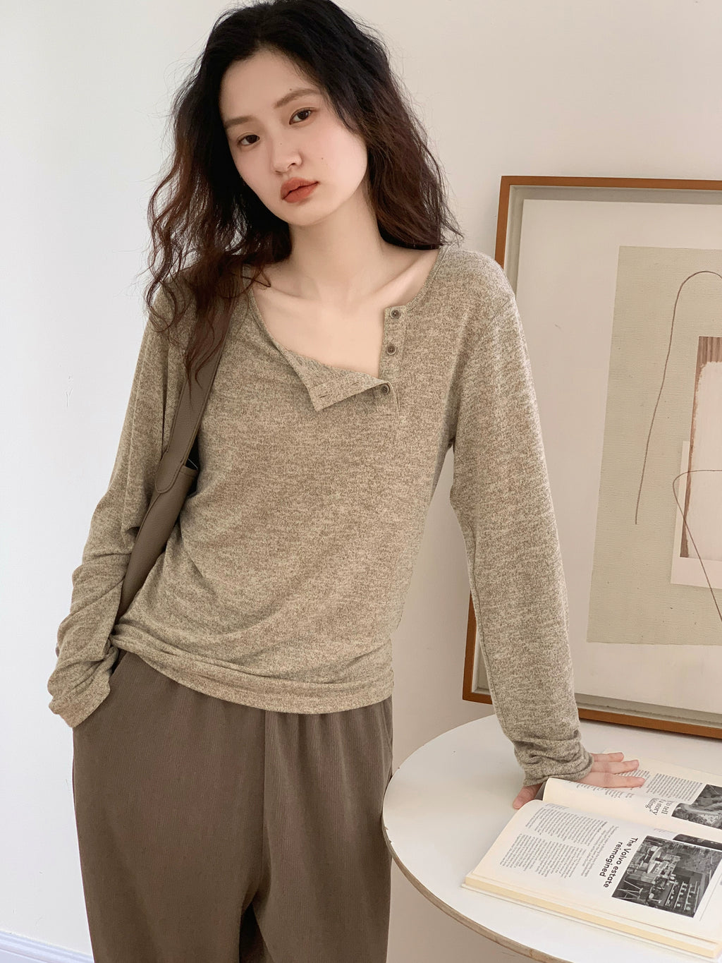 EM Diagonal Button Design Knitted Long Sleeve