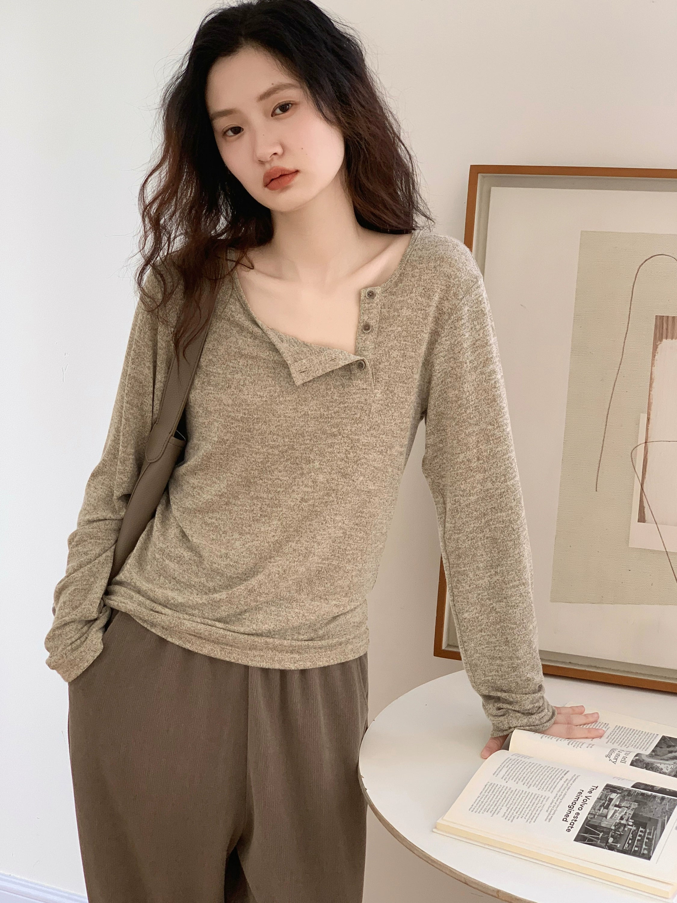 EM Diagonal Button Design Knitted Long Sleeve