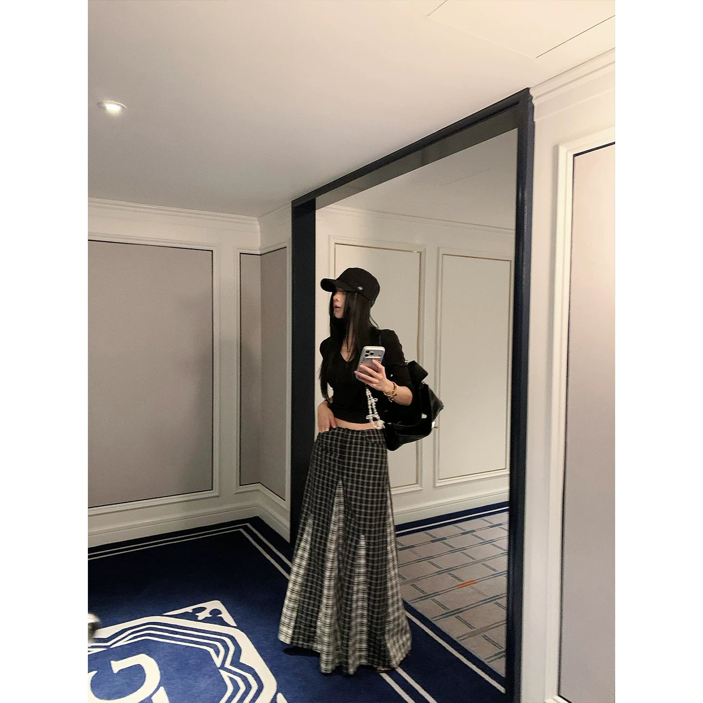 YOUNG KYLIN Retro Plaid Stitching Skirt