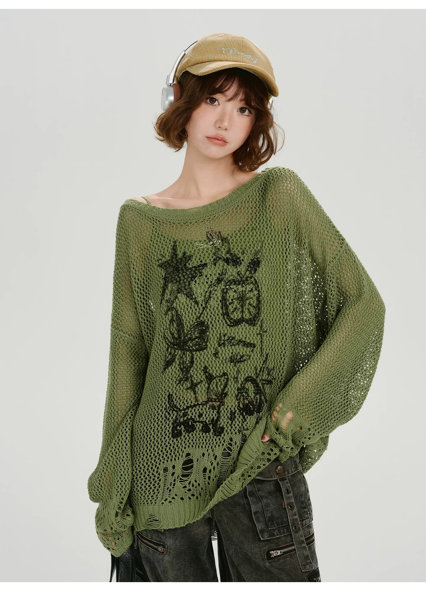 Girlyhalo Vintage Cut-Out Knitted Loose Blouse