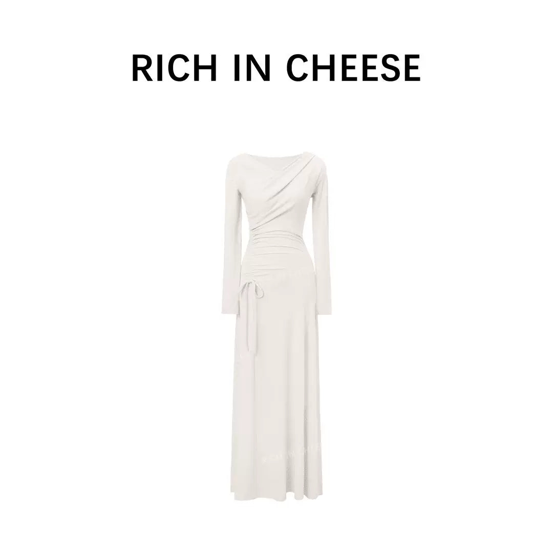RICH IN CHEESE Swingneck Drawstring Long-sleeved Knitted Dress