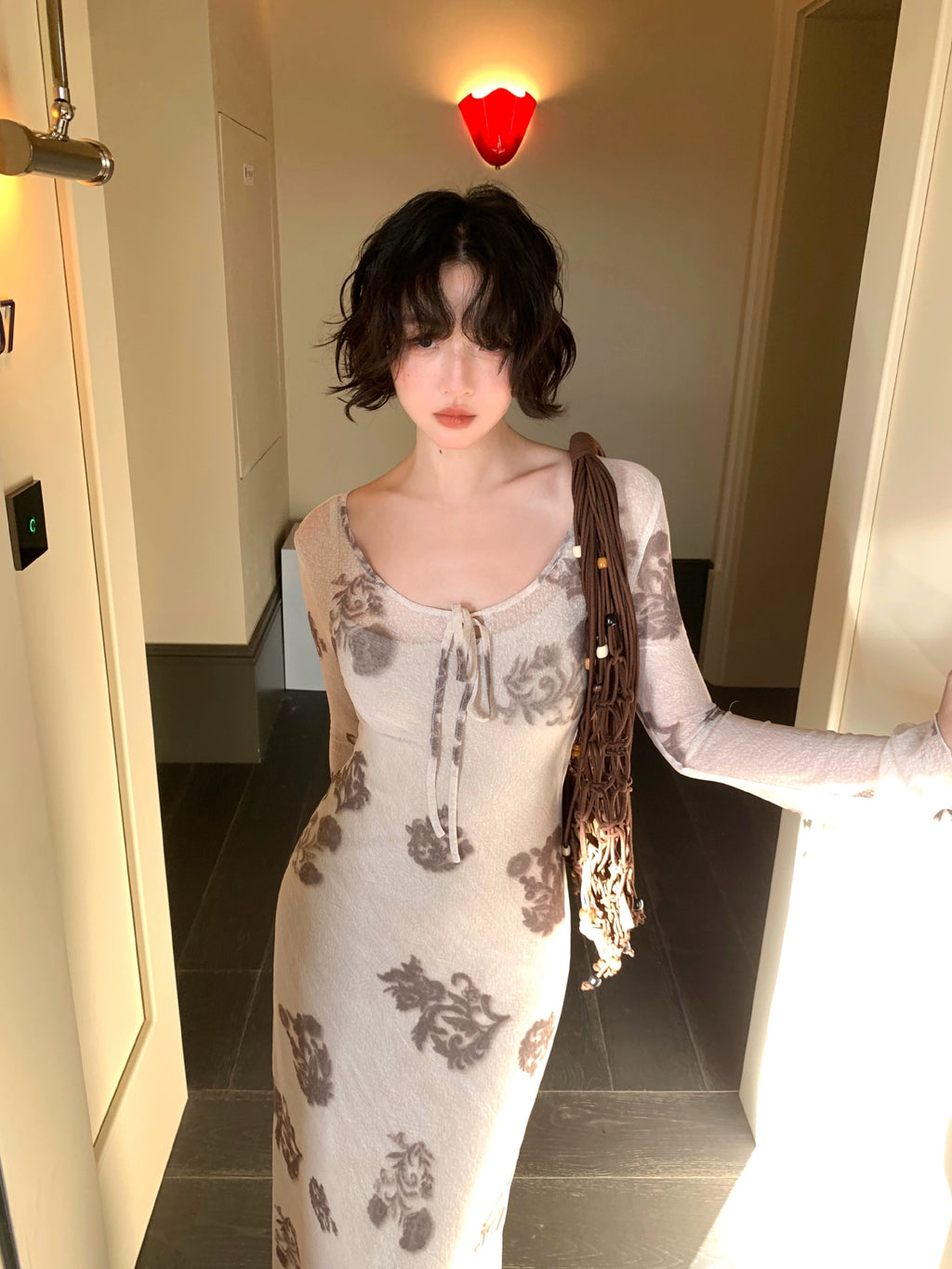 KELIFAN Retro Long Linen Mesh Print Dress