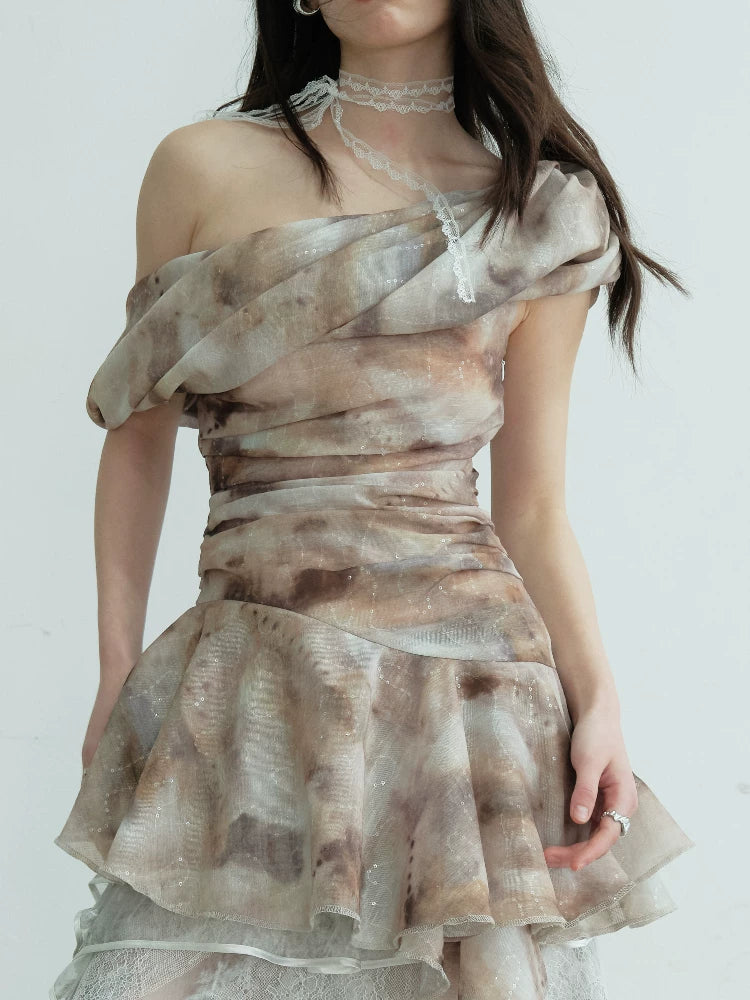 JNYLON Vintage Pleated Slash Shoulder Ruffle Hem Vest