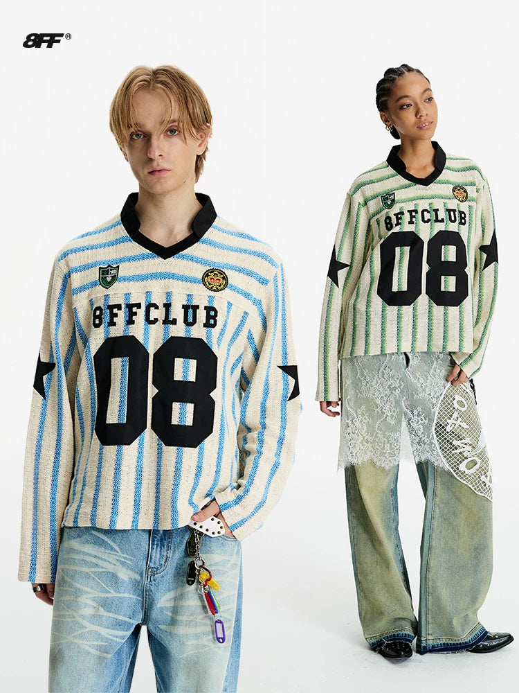 8FF Retro Embroidered Short Loose Casual Striped Long Sleeve