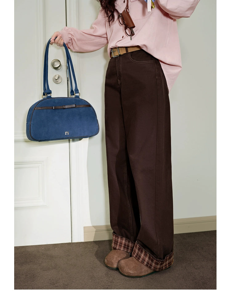 Kuose Striped Lace Casual Straight Jeans