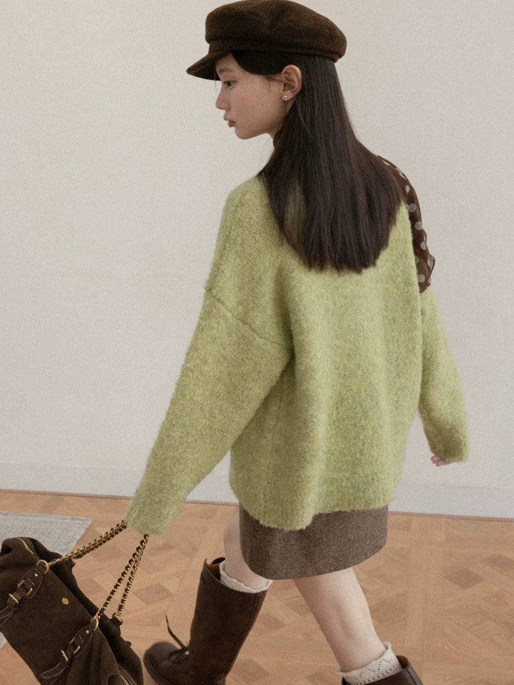 Cantonstory Korean Lazy Crew Neck Loose Knitted Sweater