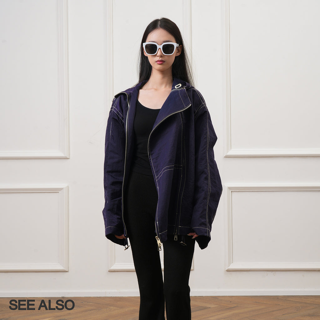 SEE ALSO minimalist slack design oblique symmetrical double zipper with bright line jacket LD4317