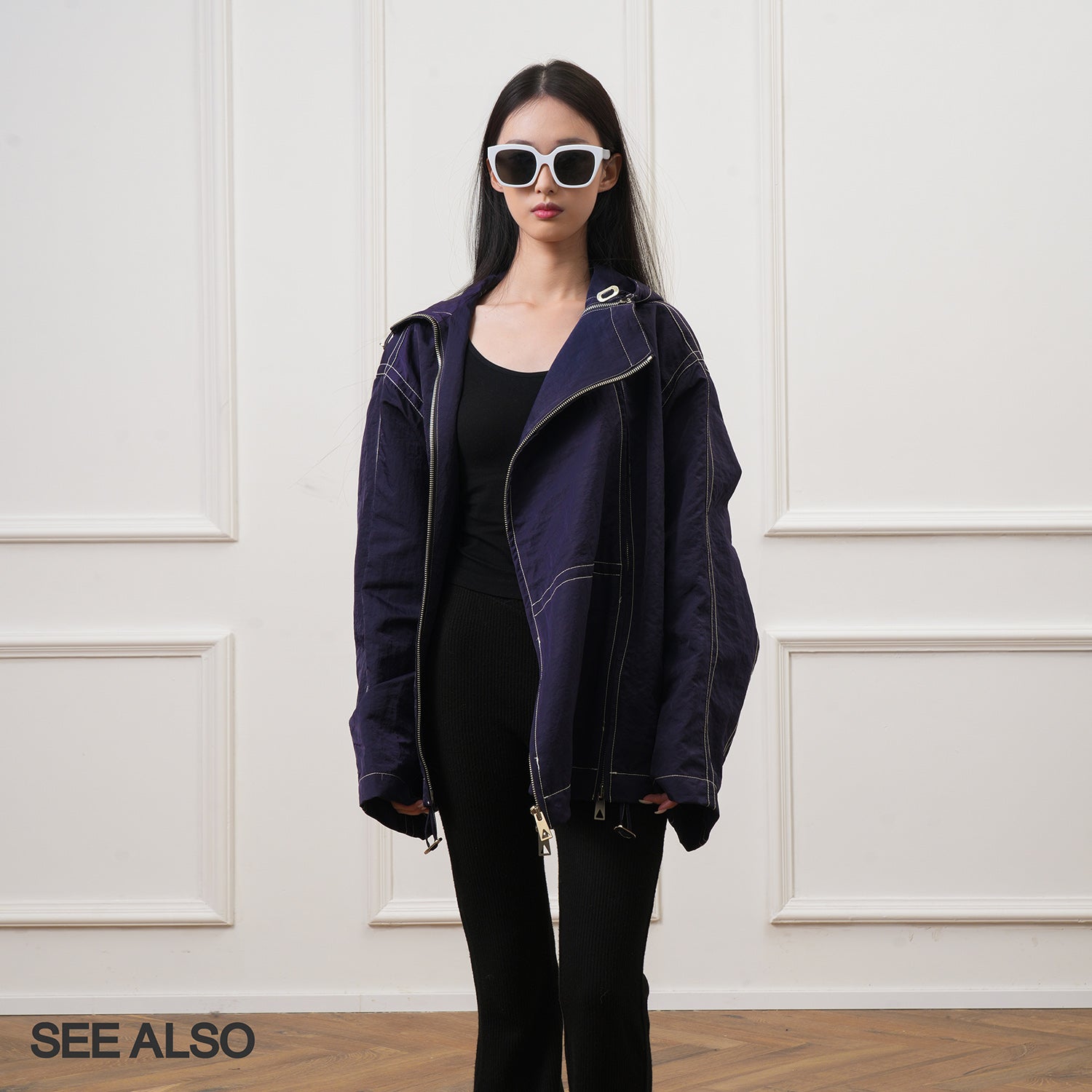 SEE ALSO minimalist slack design oblique symmetrical double zipper with bright line jacket LD4317