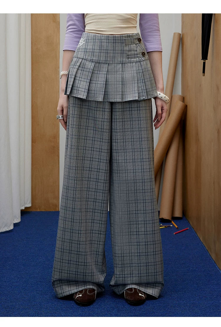 UNIFREE Plaid Straight Loose Wide Leg Skirt Fake Two-Piece Floor Pants