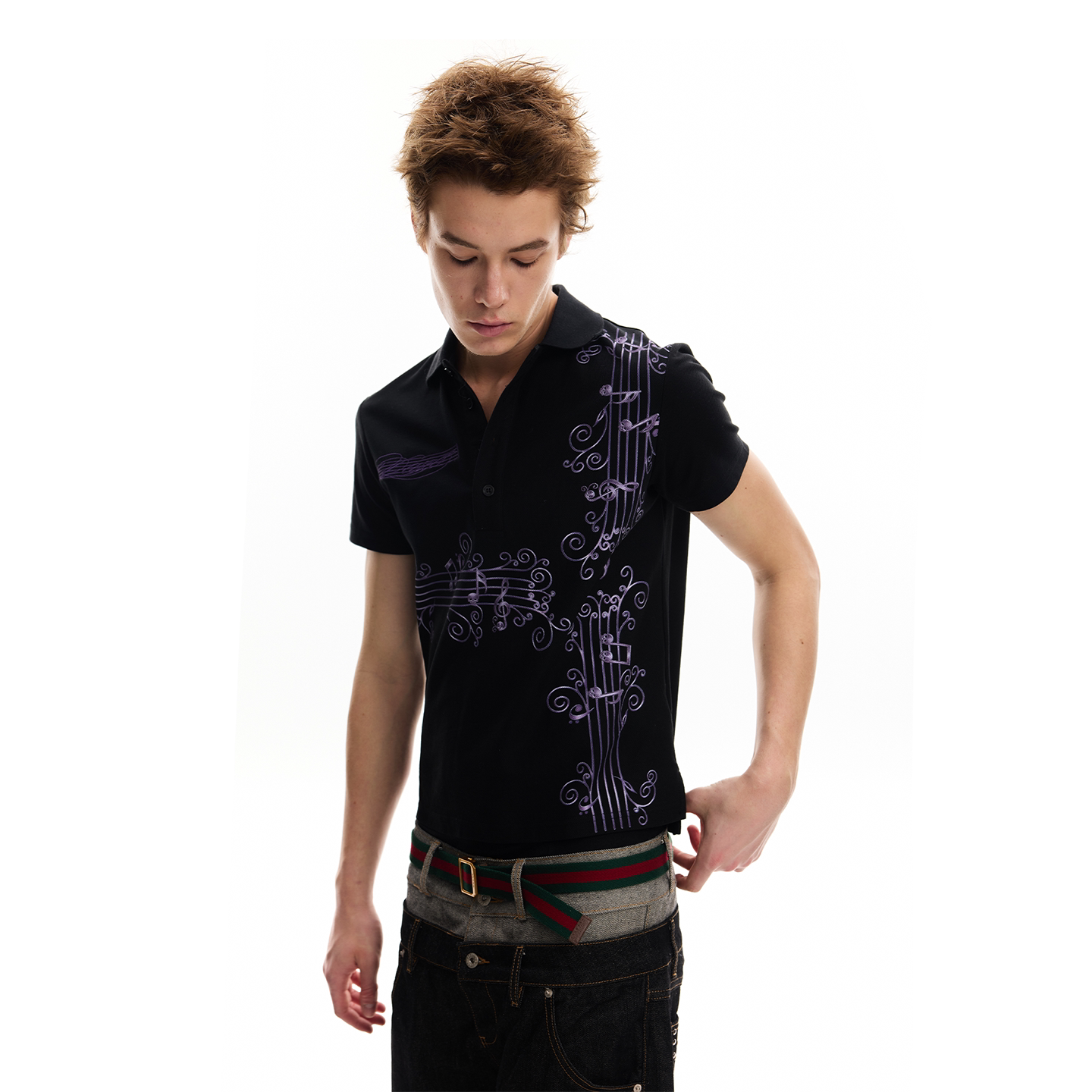 No E Mosen Purple Vine Music Note Print Casual Tee