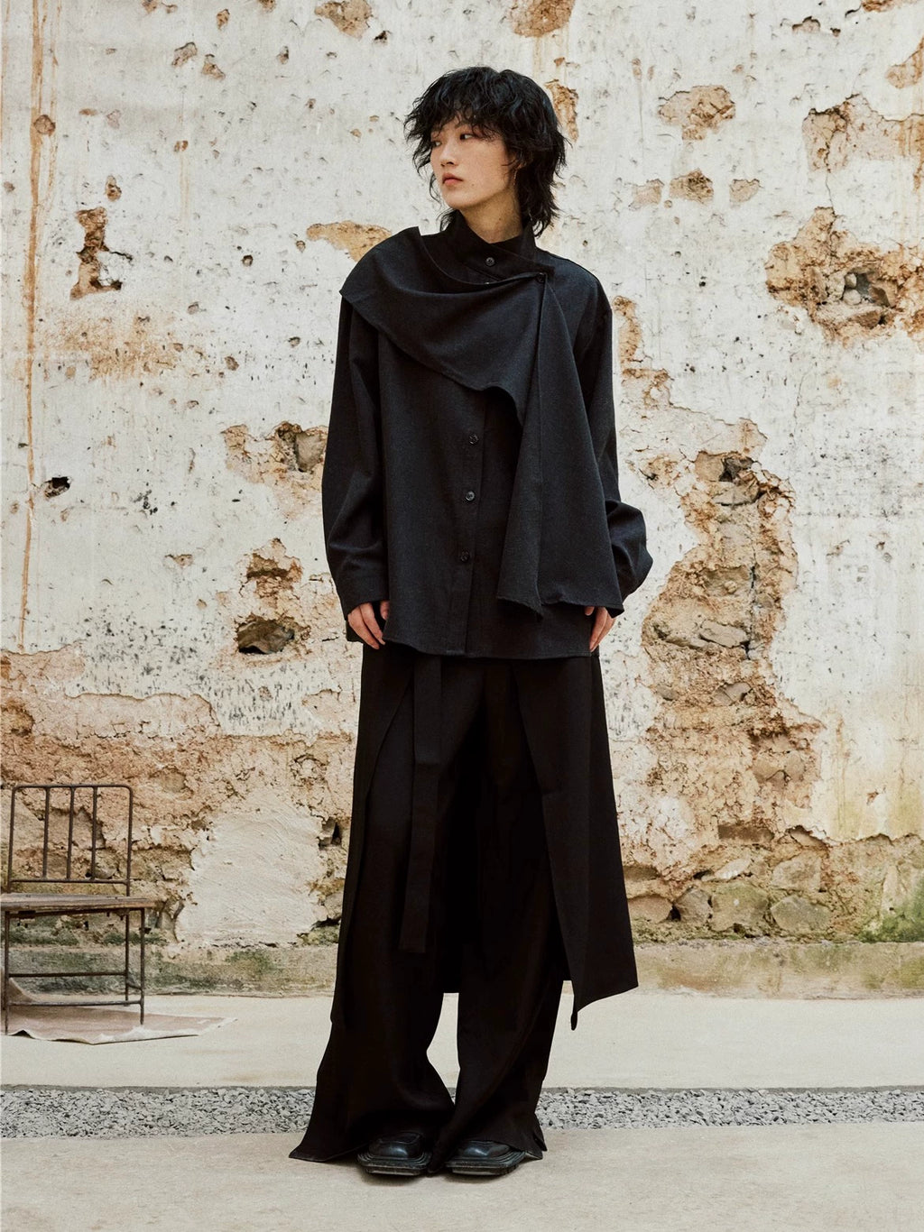 SUNYVONNE Cross-neck Scarf Long-sleeved Shirt