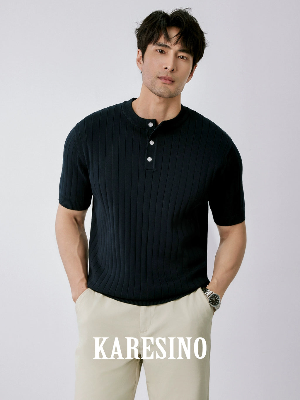KARESINO Cold Silk Henry Neck Polo Shirt