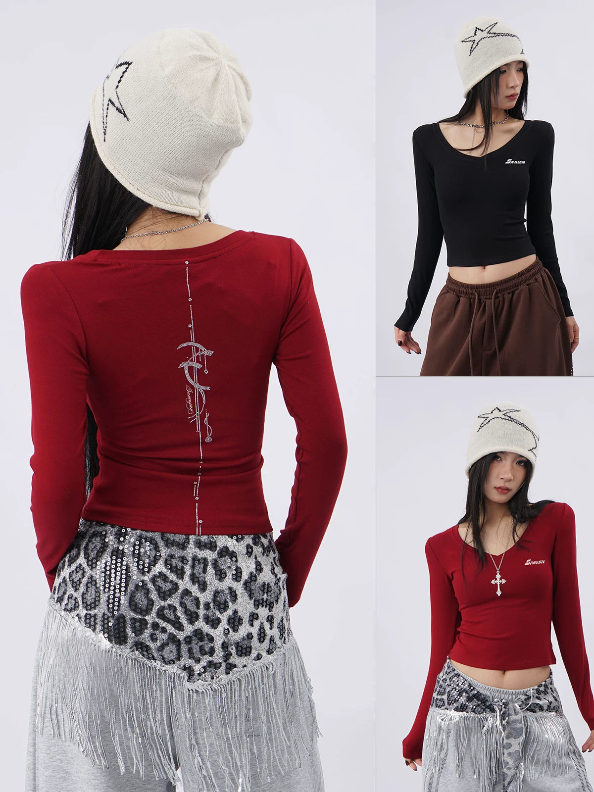 SAMUSAN Hot Diamond Letter V-Neck Slim Short Long Sleeve