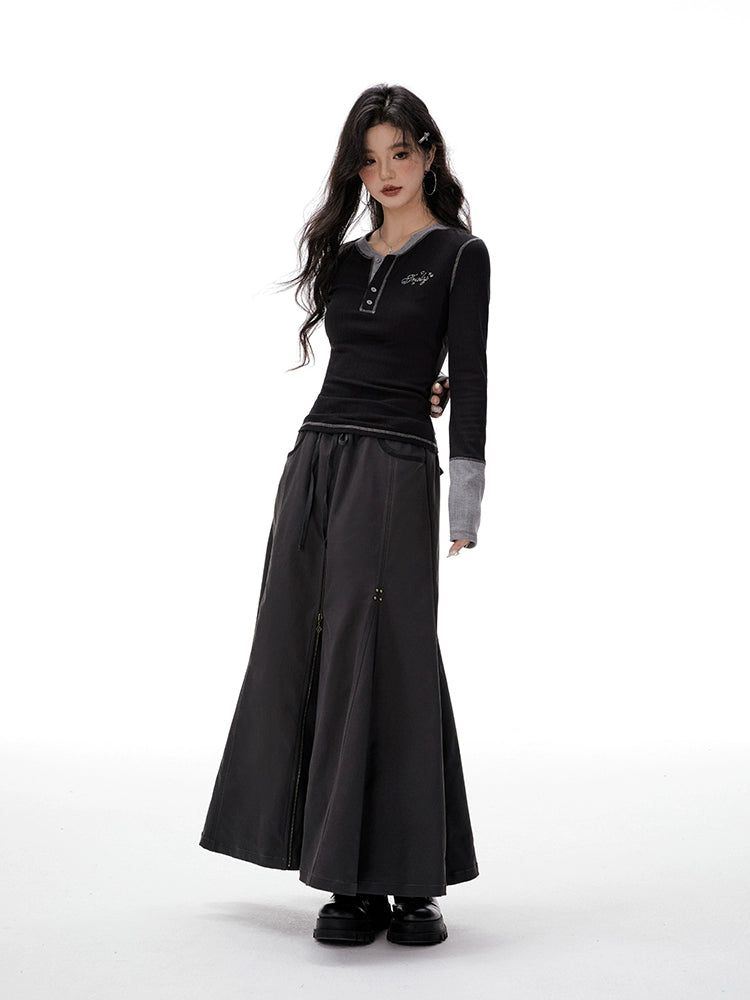 IMONE Adjustable Zipper Elastic Waist Tooling Skirt
