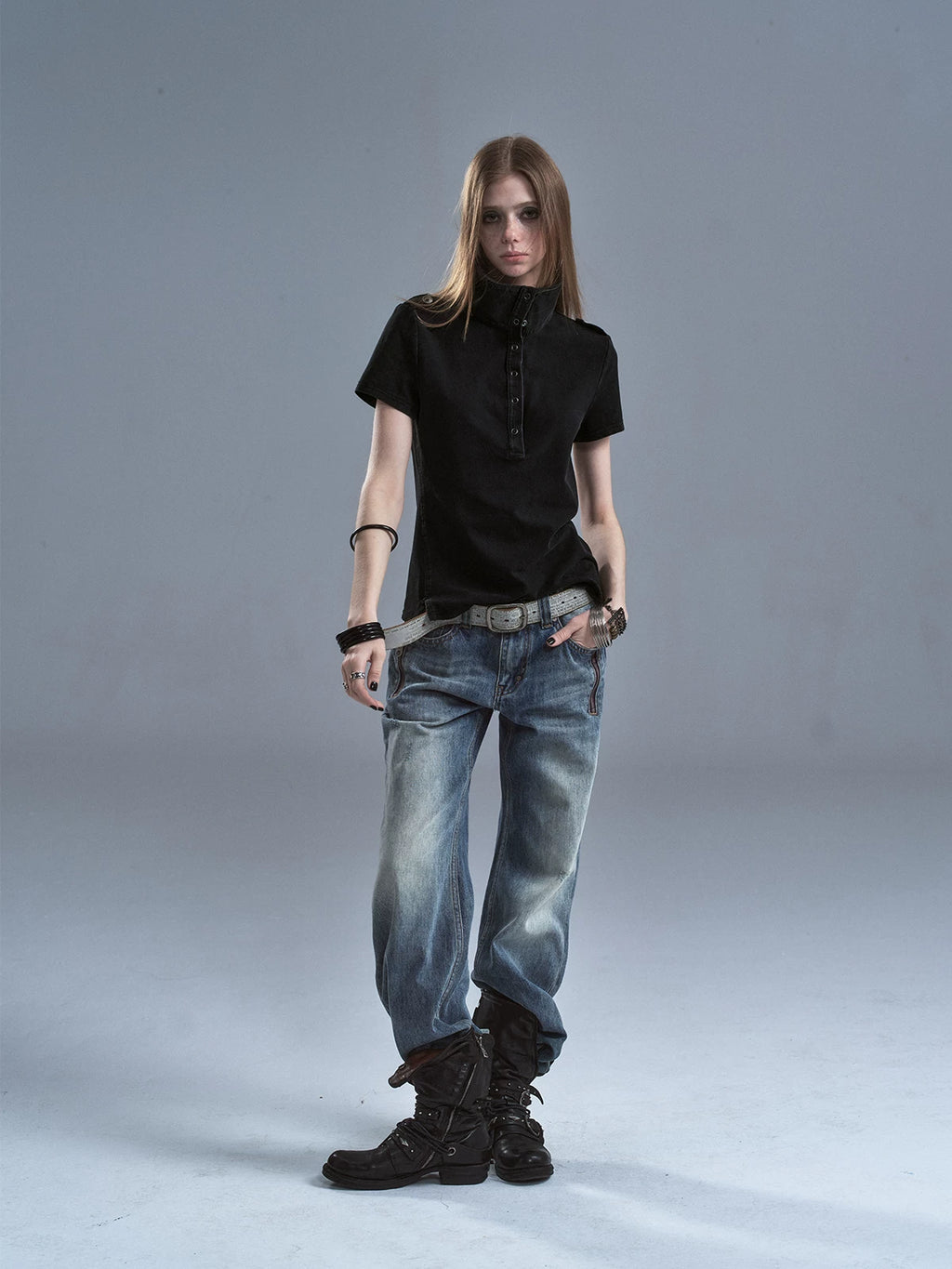 WearAndtear Stand Neck Slit Casual Tee