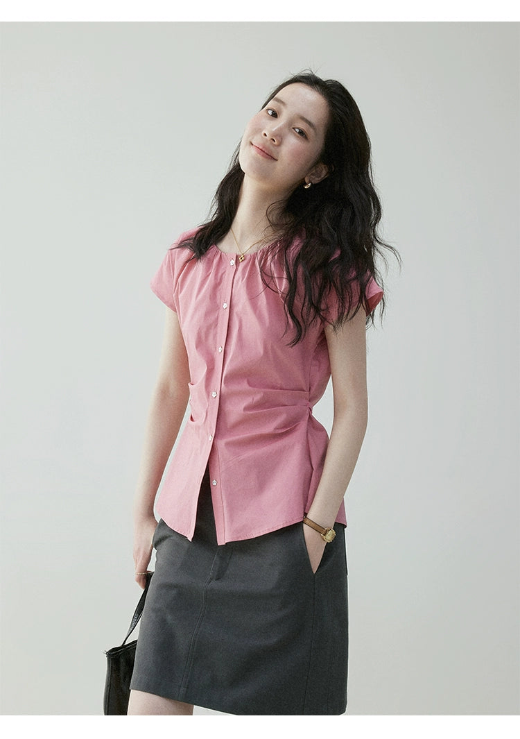 VOOE Crew Neck Waist Pleated Strap-on Shirt