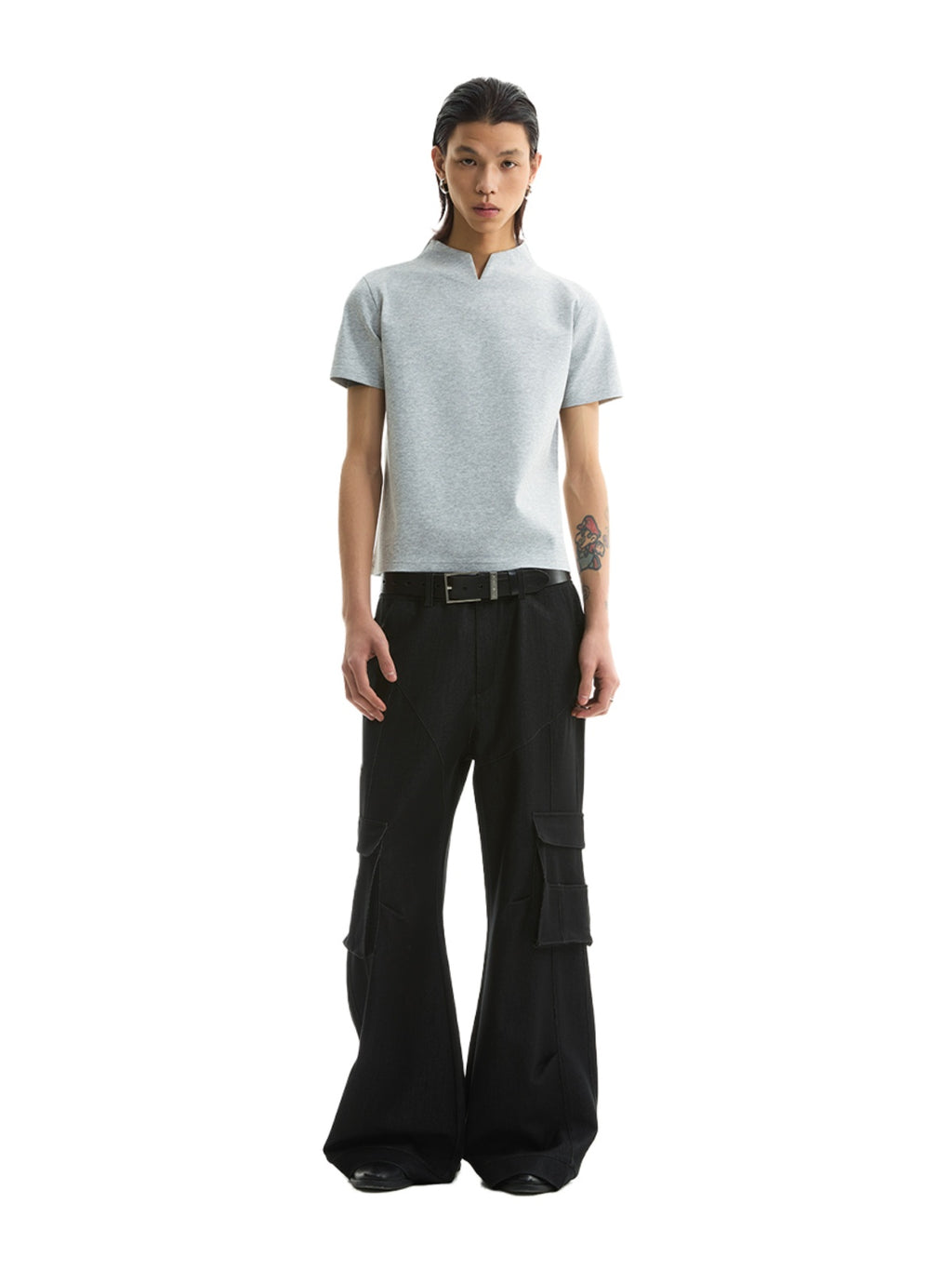 FUNKYFUN V-neck Small Stand-up Collar Space Cotton Slim-fit Tee
