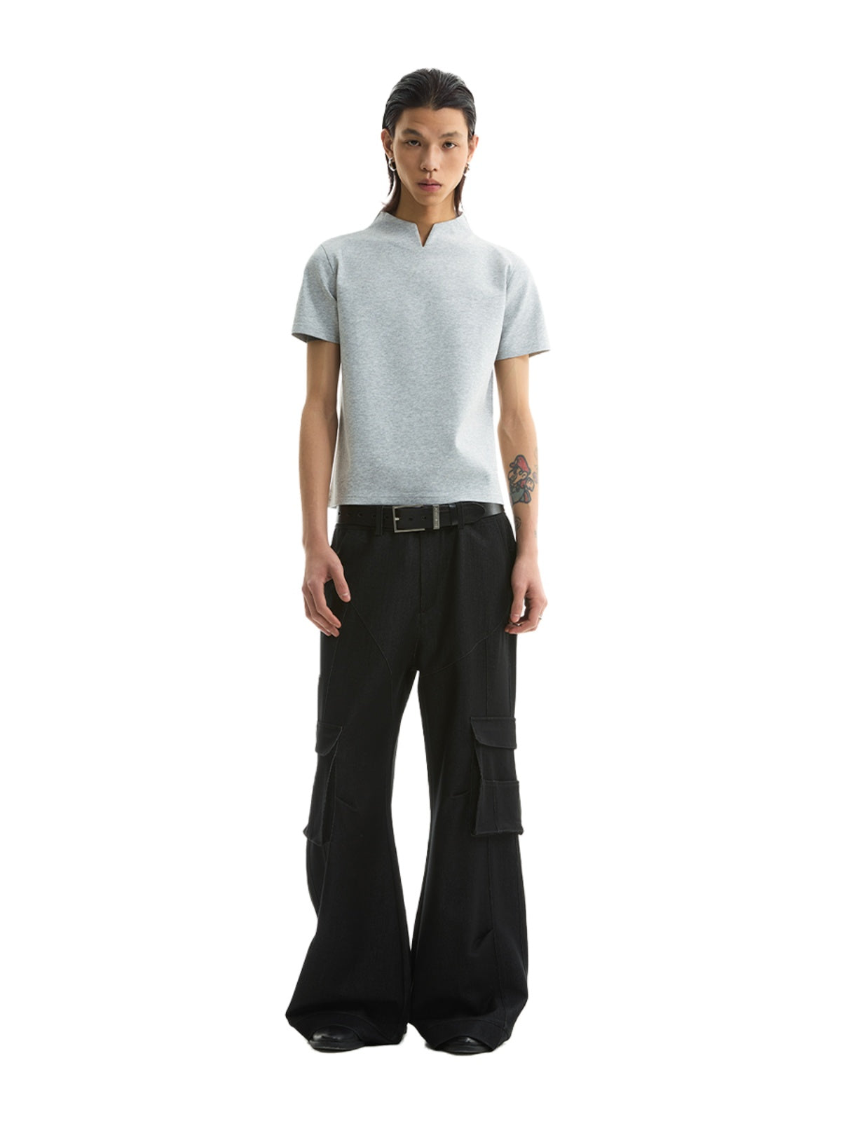 FUNKYFUN V-neck Small Stand-up Collar Space Cotton Slim-fit Tee