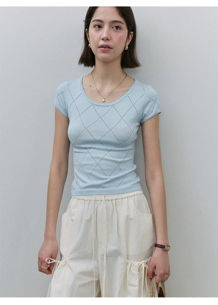 VOOE Hollow U Neck Knitted Slim Fit Breathable Tee