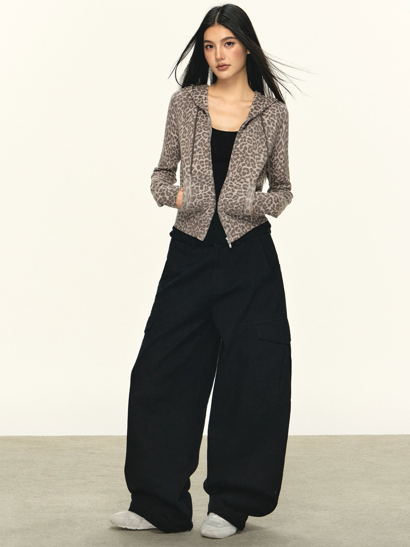 Anna Aneae Leopard Print Hooded Short Casual Slim Jacket