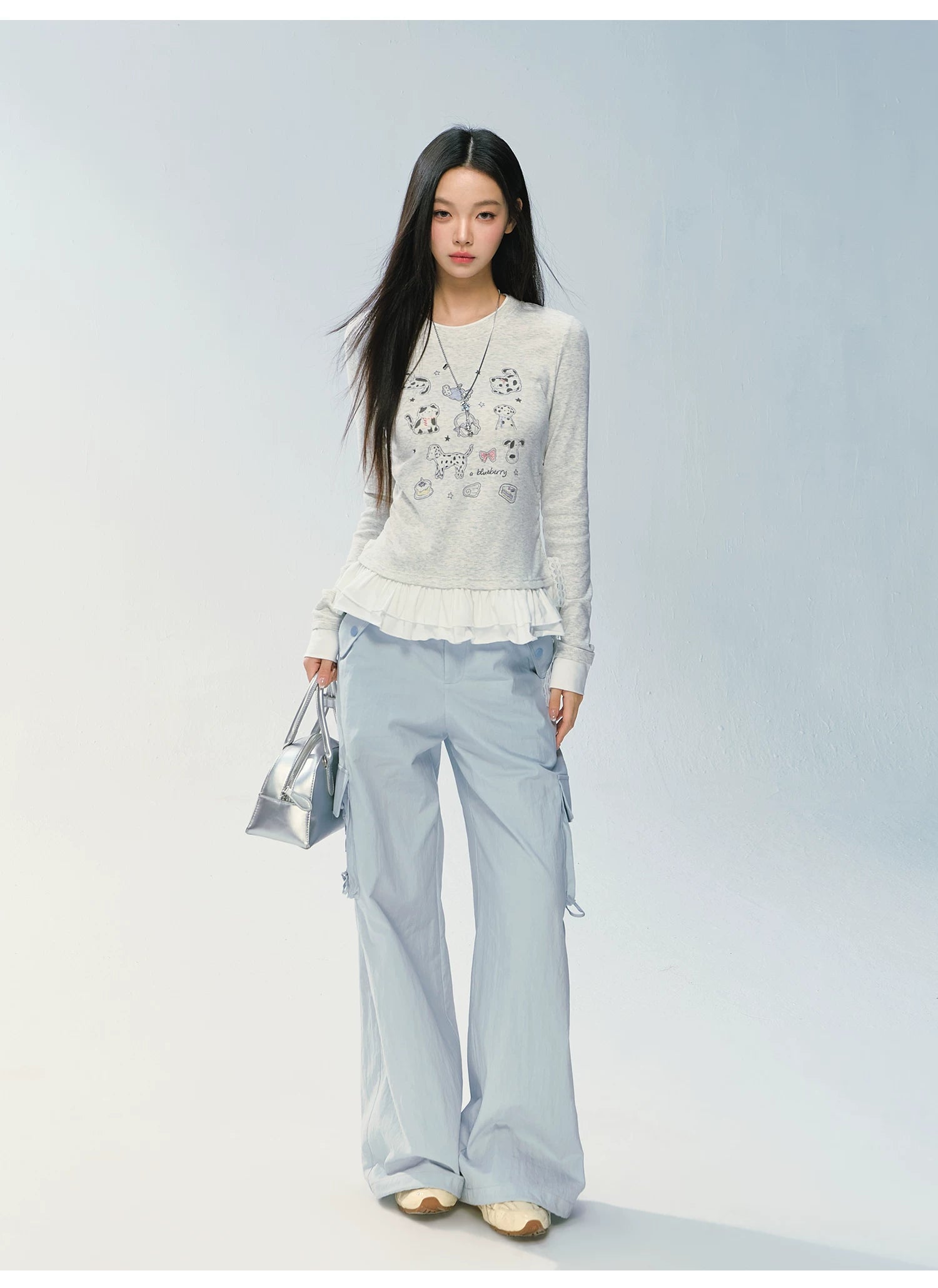 Ablueberry Animal Embroidered Lotus Leaf Hem Casual Long Sleeves