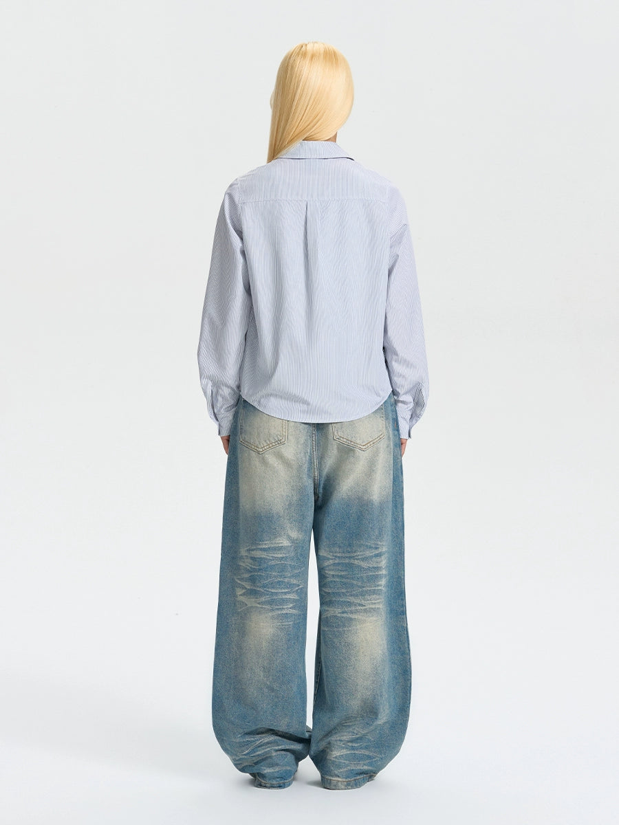 NICEBAD Striped-embroidered Slim-fit Short Shirt