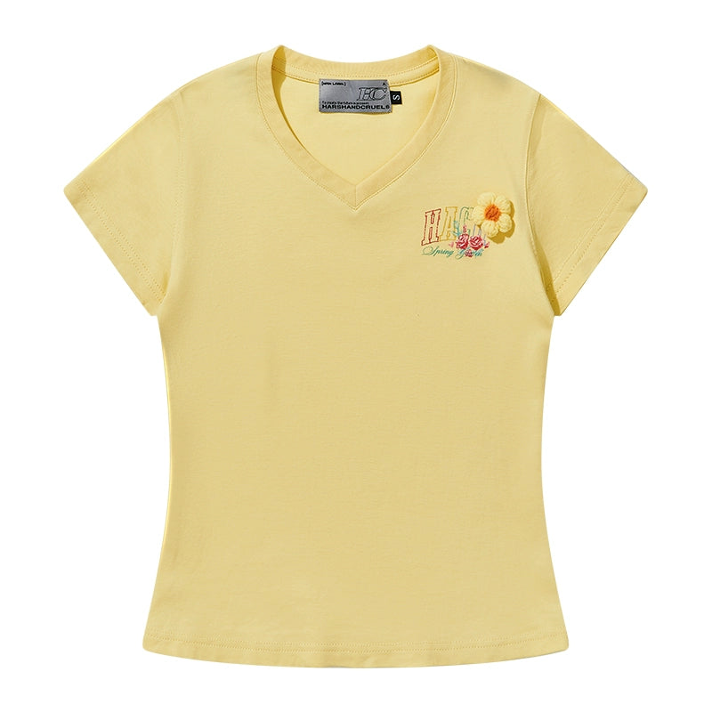 HACR Wool Small Flower Elastic Slim V-neck Tee