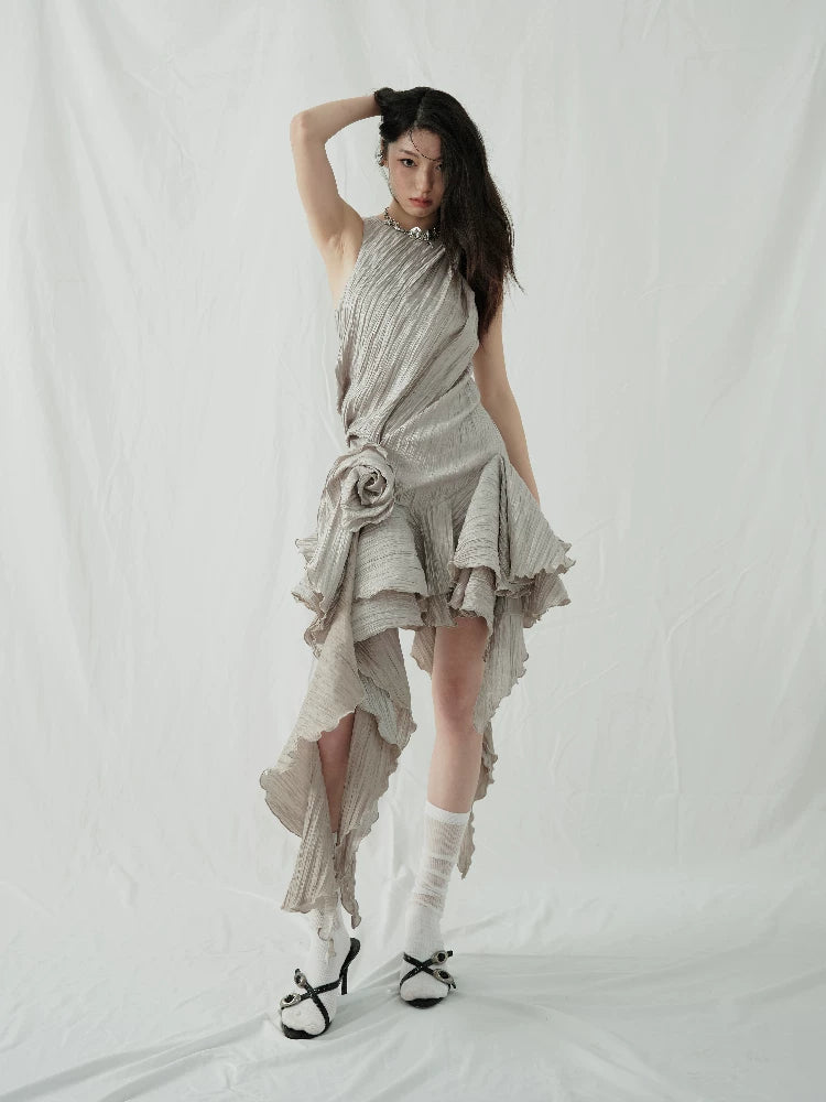 JNYLON Vintage Pleated Irregular Ruffle Dress