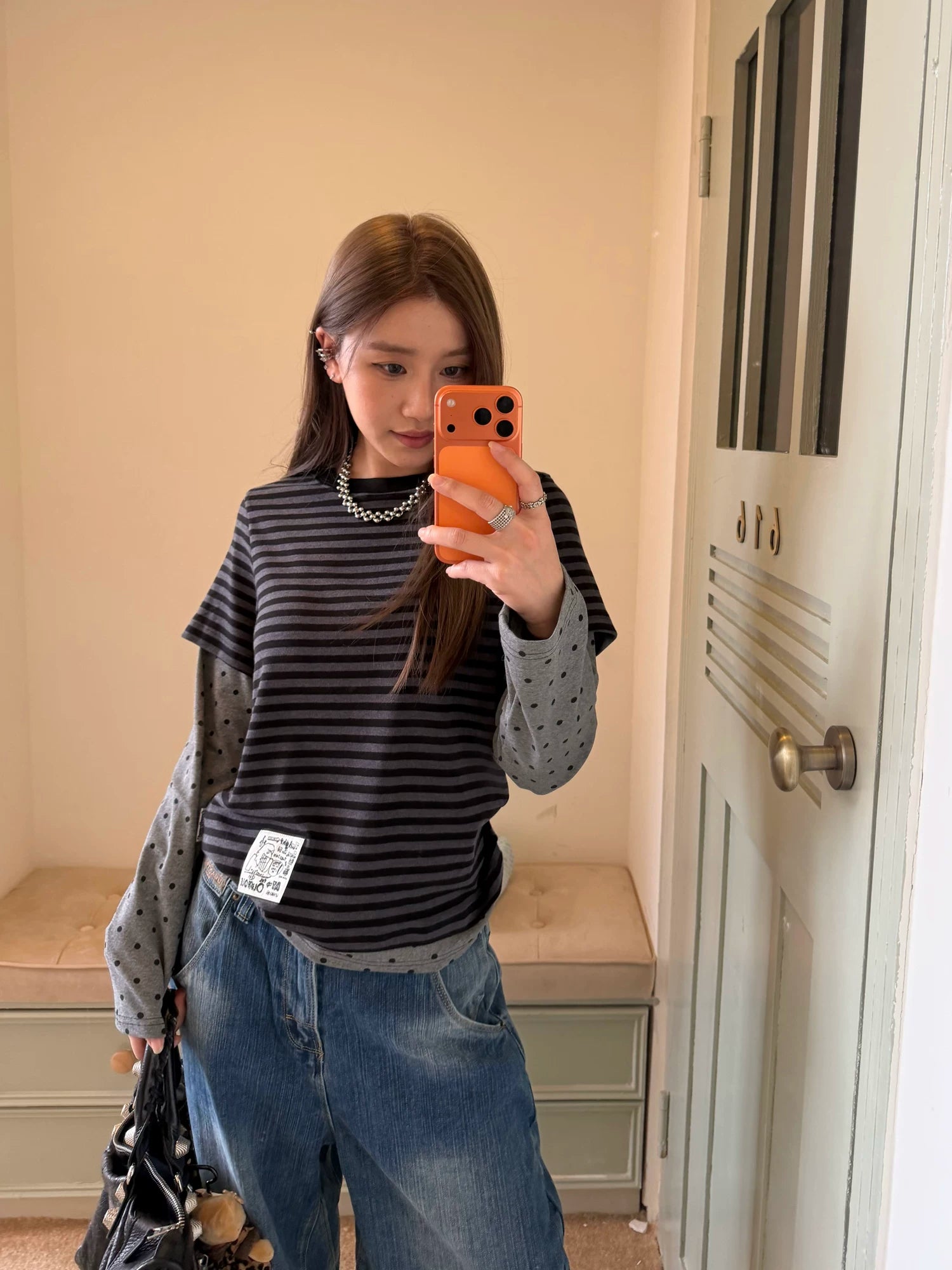 CCYE Striped Splicing Polka Dot Fake Two-piece Front Shoulder Long Sleeve