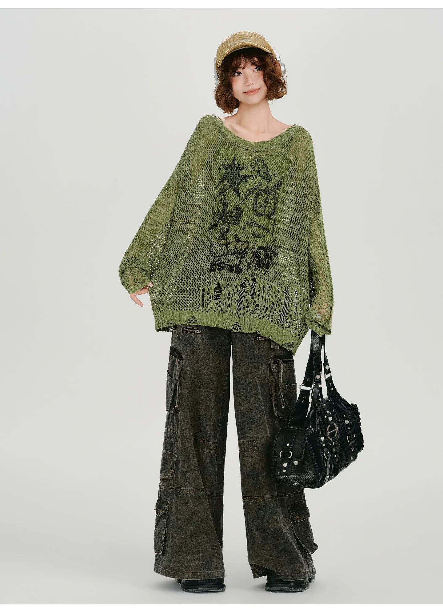 Girlyhalo Vintage Cut-Out Knitted Loose Blouse