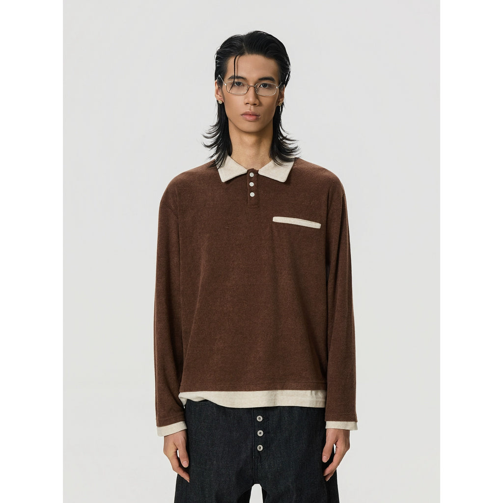 BTSG Splicing Contrasting Color Towel Fabric Fake Two-piece POLO Shirt